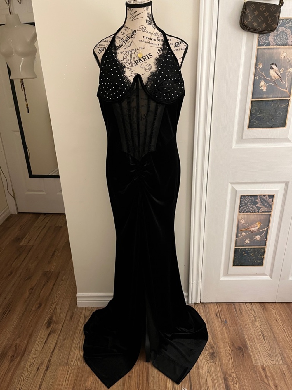 Source Unknown Black Velvet Halter Maxi Dress with Studded Bodice